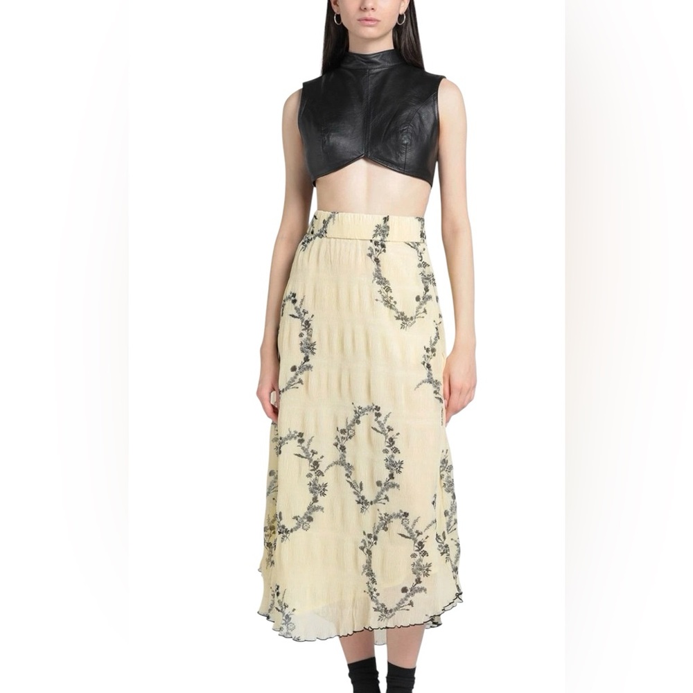 GANNI NWT Pale Yellow Black Floral Shadow Flan Pleated Midi Skirt Size 36 - US 4